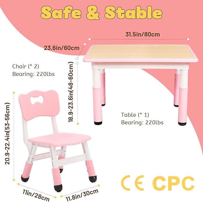 FUNLIO Kids Table and 2 Chairs Set for Ages 3-8, Height Adjustable Toddler Table and Chair Set, Easy to Wipe Arts & Crafts Table, for Classrooms/Daycares/Homes, CPC & CE Approved (3pcs Set) - Pink