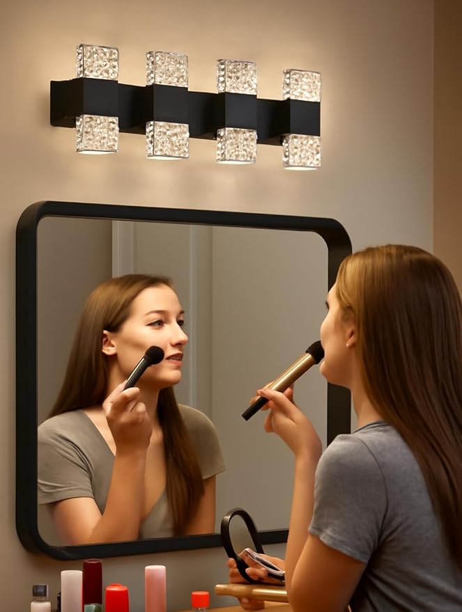 MELUCEE LED Bathroom Vanity Light 32W Crystal Vanity Light Bar 23.6 in Modern Black Bathroom Light Fixtures Crystal Wall Sconce for Bath Powder Room Entryway, 3000K Warm Lighting