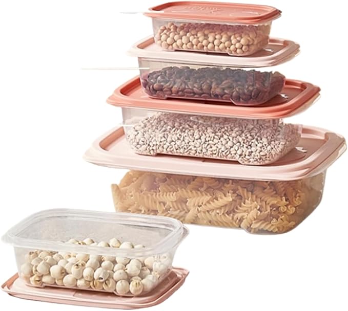 Plastic Food Storage Container Set, 4 Containers with Lids, Assorted Colors (RECTANGULAR PINK) The set includes containers of various sizes - 260 ml, 550 ml, 1100 ml, and 2000 ml