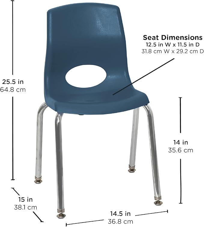 Children’s Factory MyPosture Plus 14" Chair, Navy with Chrome Legs, 2 Pack, Stackable Ergonomic Seating Solution for Classrooms and Homeschools