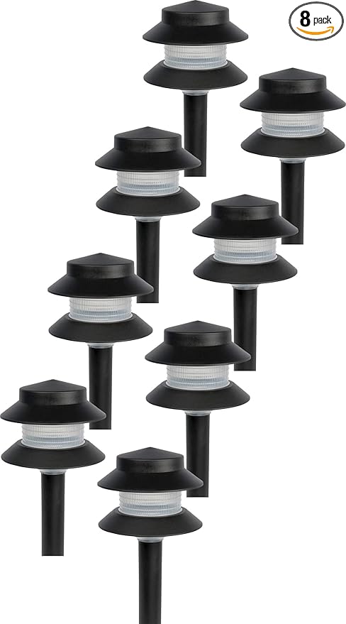 GreenLighting Paradise Low Voltage Landscape Pathway Lights - 2 Tier Outdoor Garden Lights - Easy, Simple Installation - Walkway, Lawn, Landscape Lighting (Black, 8 Pack)