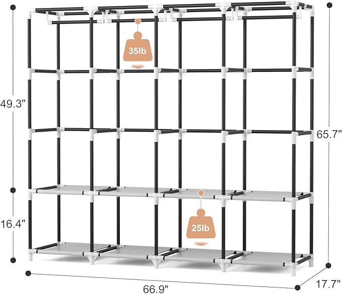 VTRIN Portable Closet for Hanging Clothes 67 Inch Wide Large Capacity Portable Wardrobe Closet with Cover, 4 Storage Shelves and 4 Hanging Rod Sturdy Free Standing Closet for Bedroom, Grey