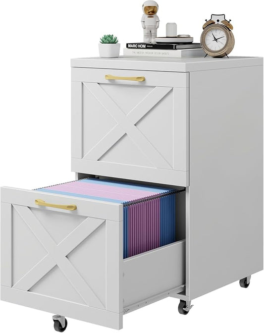 Farmhouse File Cabinet with 2 Drawers, Vertical Filing Cabinet on Wheels for Letter/A4 Size Hanging Files, Mobile File Cabinets Printer Stand for Home Office, White