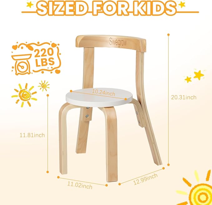 Swegrow Wooden Kids Chair, Toddler Chair for Table, Kids Stackable Chairs, Kid Wooden Furniture for Family/Playroom/Classroom（Set of 2-White）