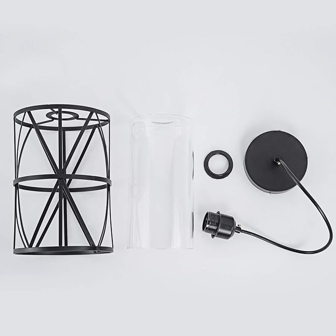 Black Industrial Metal Pendant Light with Clear Glass Shade, Transitional Cylinder Pendant Lighting Fixture for Kitchen Island Sink Counter Dining Room