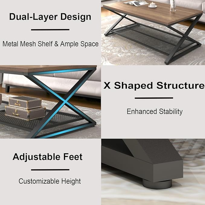 LVB Wood Coffee Table, Metal Wooden 2 Tier Center Tables with Storage, Industrial Cocktail Table with Shelf for Living Room, Farmhouse Rectangle Middle Table for Office Bedroom, 47 inch, Rustic Oak