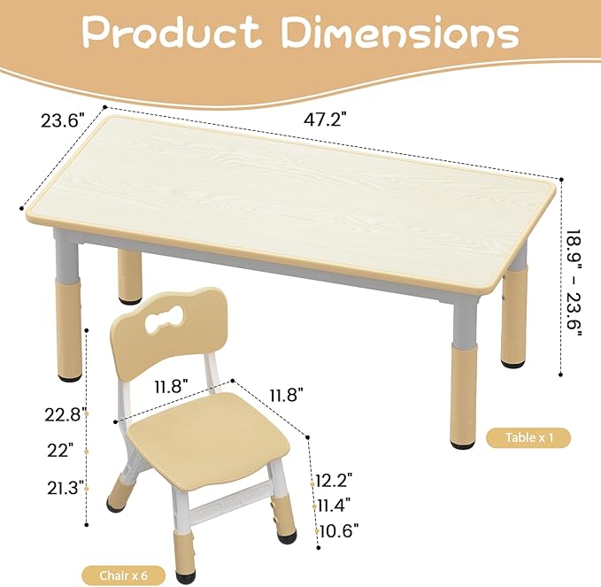 GAOMON Kids Table and 6 Chairs Set, Height Adjustable Toddler Table and Chairs Set for Ages 2-10, Graffiti Desktop, Non-Slip Legs, Children Activity Table for Daycare Classroom Home
