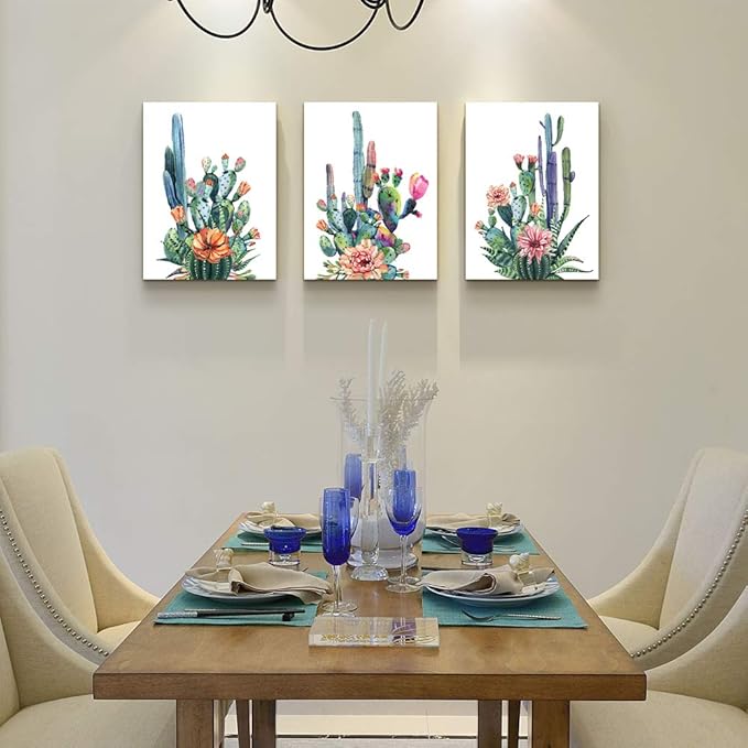 Wall Art for living room Canvas Prints Artwork bathroom Wall Decor Simple Life Green plants cactus Picture Watercolor painting 3 Pieces Framed bedroom wall decorations Office Works Home Decoration