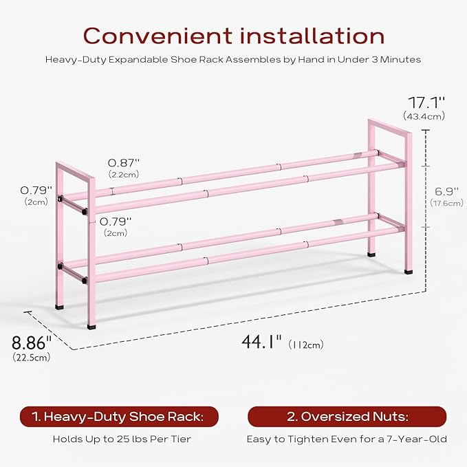 Bumusty 2-Tier Long Expandable Shoe Rack for Closet, 18"-44" Adjustable Shoe Rack for Entryway, 10-12 Pairs Large Shoe Organizer Shelf Storage, Sturdy Metal, Pink
