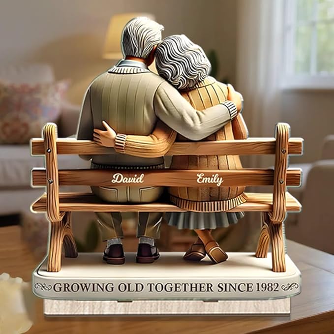 Custom Growing Old Together Christmas Decor, Personalized Couple on Bench Wooden Plaque, Heartfelt Gift for Parents or Grandparents, Romantic Holiday Keepsake for Him and Her