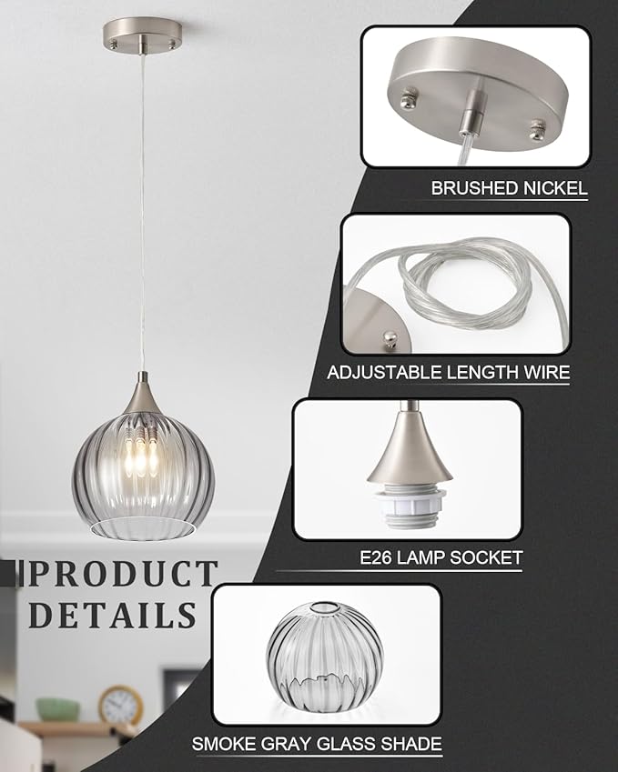 Brushed Nickel Pendant Lights Kitchen Island, Globe Pendant Light Fixtures with 8 Inch Clear Glass Shade, Modern Hanging Light Fixtures for Kitchen, Bedroom (2 Pack - Gray Glass Pendant Light)