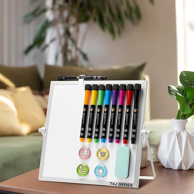 Small Magnetic Dry-Erase White Board – 10 x 10 Inches Mini Easel Whiteboard 360 Degrees Revolving Double Sided Stand for Office, Home, School