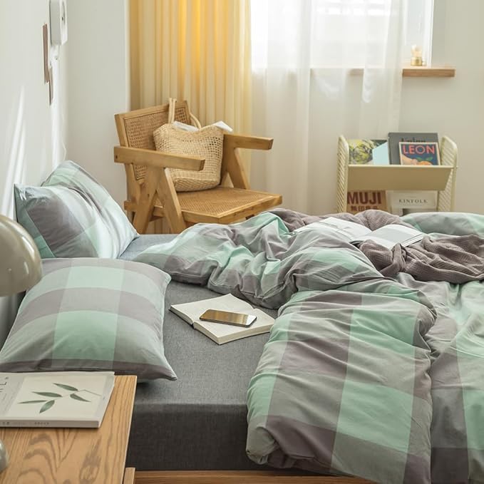 FACE TWO FACE Bedding Duvet Cover Set100% Washed Cotton Duvet Cover Linen Like Textured Breathable Durable Soft Comfy (Queen, Light Green Grid)