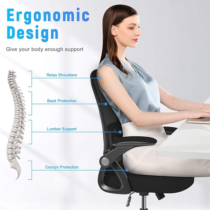 naspaluro Ergonomic Office Chair, Mid Back Desk Chairs with Adjustable Height, Swivel Chair with Flip-Up Arms and Lumbar Support, Breathable Mesh Computer Chair for Home/Study/Working, Dark Black