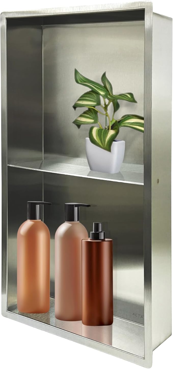 Shower Niche with Shelf Lightweight Stainless Steel Easy Install Tile Needed Wall Niche Recessed for Bathroom Storage (Brushed Stainless, 13"x25" with Shelf)