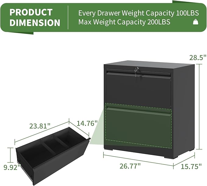 2 Drawer Lateral File Cabinet with Lock, Filing Cabinets for Home Office, Storage Cabinets for Hanging Files Letter/Legal/F4/A4, Require Assembly(Black)