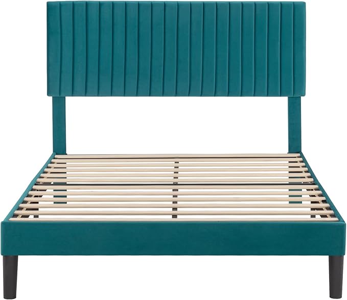 Allewie Full Bed Frame, Velvet Upholstered Platform Bed with Adjustable Vertical Channel Tufted Headboard, Mattress Foundation with Strong Wooden Slats, Box Spring Optional, Easy Assembly, Teal