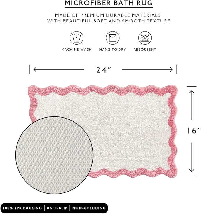MONDAY MOOSE Bath Mat with Scalloped Wavy Ripple Design, Microfiber Absorbent Non Slip Tufted Rug for Floor, Shower or Kitchen (16x24 inch, Pink)