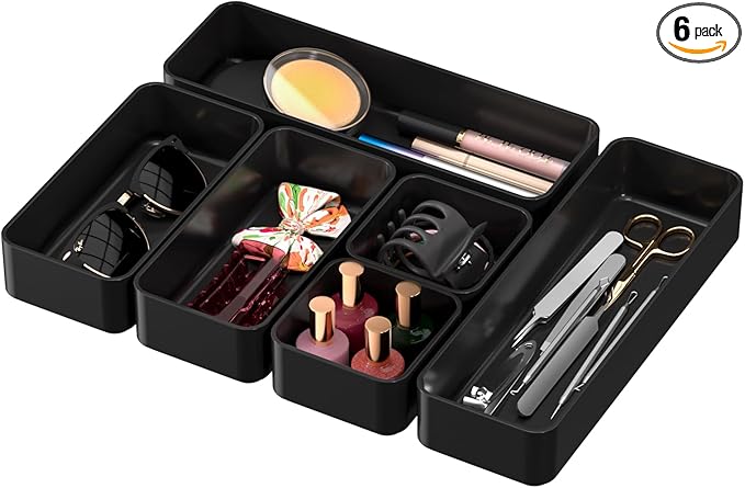 CHANCETSUI 6 PCS Stackable Drawer Organizers Set, Versatile Desk and Vanity Drawer Organizer Trays, Storage Bins for Makeup, Bathroom, Bedroom, Kitchen and Office, Black