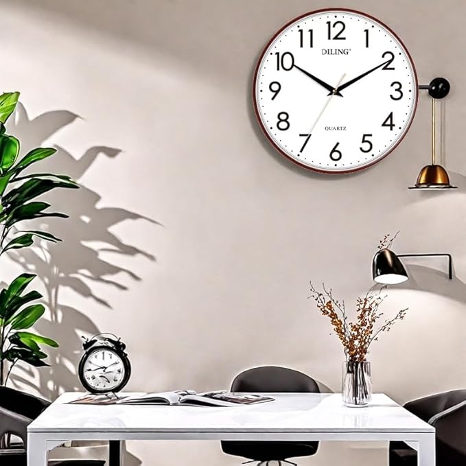 13 Inch Round Wall Clock Silent Non-Ticking Battery Operated Large Display Analog for Living Room Bedroom Study and Kitchen Decor (Red)