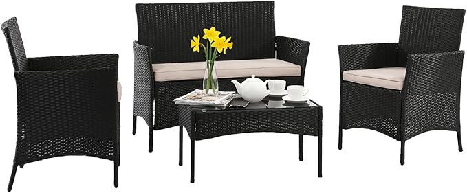 FDW Rattan Furniture Wicker Chair Patio Bristo Set for Outdoor Indoor Use with Loveseats Coffee Table,Khaki Cushion, 4-Pieces