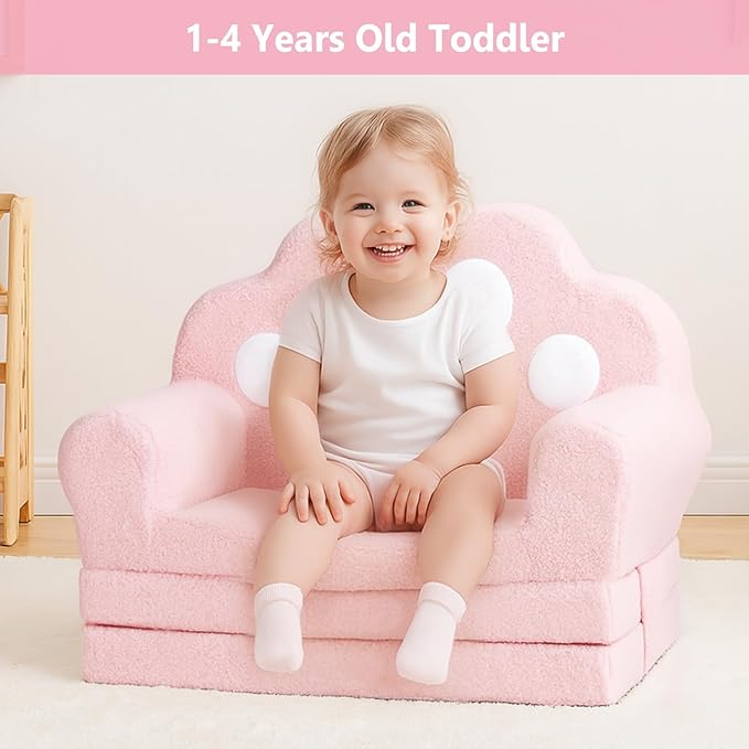 MONKISS Cat Paw Kids Couch, Toddler Chairs Comfy, Toddler Couch Bed Fold Out, Baby Lounge Chair, Birthday Gift for Girls, 1-4 Years Old, SF06, Pink