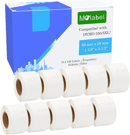 Address & Barcode Labels Replacement for DYMO 30251 (1-1/8" x 3-1/2") [10 Rolls/1300 Labels] Compatible with DYMO Labelwriter 450, 4XL,550,5XL & Zebra Desktop Printers