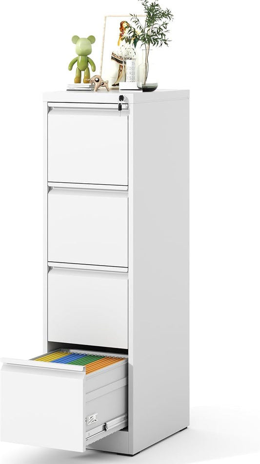 File Cabinet, Vertical File Cabinets with Lock for Home Office,Heavy Duty Office Steel Filing Cabinet for Hanging Letters/Legal/A4, Assembly Required (White, 4 Drawers)