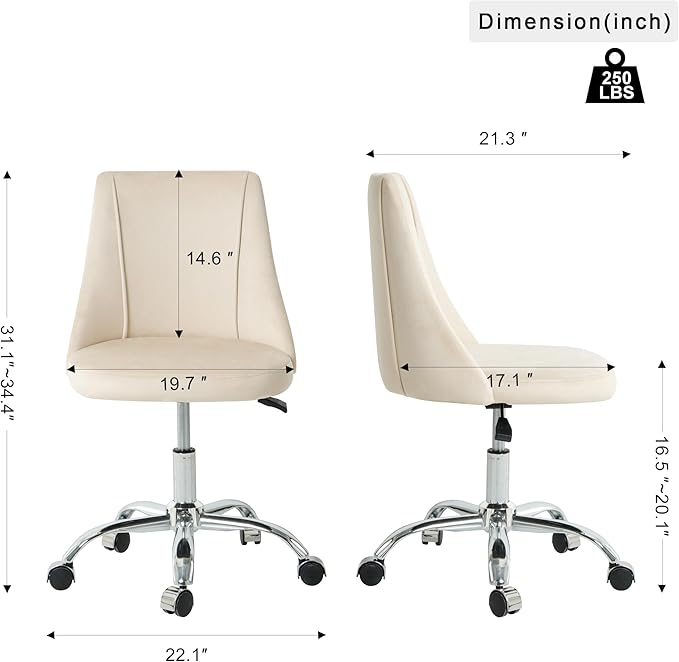 Furnimart 360° Swivel Rolling Desk Chair, Height Adjustable Vanity Chair with Silver Legs, Cute Task Chair with Wheels for Dorm Bedroom Studying Small Places (Velvet White)