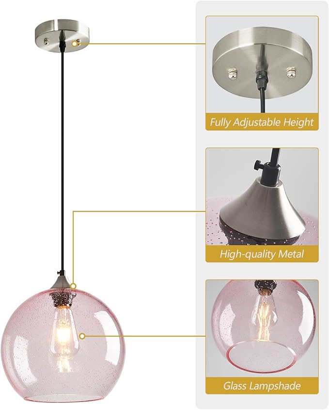 Pink Glass Pendant Lights Kitchen Island Globe Pendant Light Fixtures Modern Pendant Lighting for Bedroom Living Dining Room Light Fixture (9.84 in, 2 Pack)
