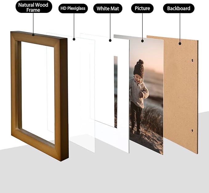 KINLINK 6x8 Picture Frame Brown, Solid Wood Frames with Acrylic Plexiglass for Pictures 4x6 with Mat or 6x8 without Mat, Tabletop and Wall Display Photo Frame, Set of 4
