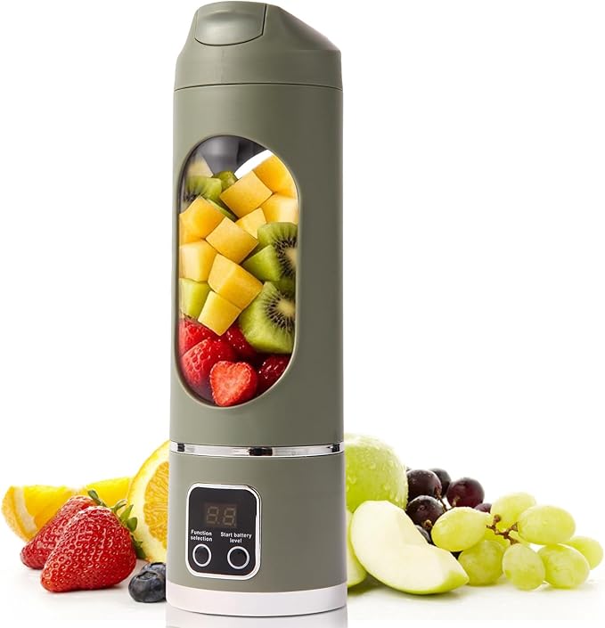 Portable Personal Blender, USB Rechargeable for Smoothie Shakes, with 12 Stainless Steel Blades & 16 Oz/450ML Cup and Extra Handle Lid, for Travel Sports Gym (Green)