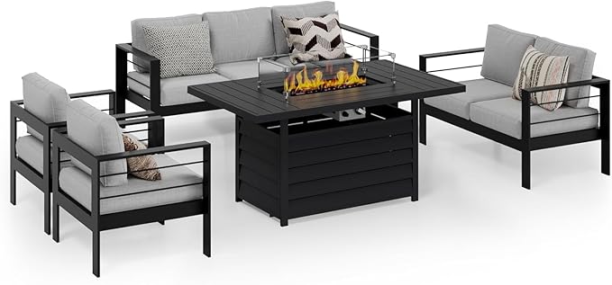 Wisteria Lane Aluminum Patio Furniture Set, 7 Seats Metal Outdoor Furniture Set with 54 Inch Propane Gas Fire Pit Table, Patio Conversation Set