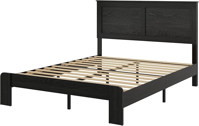 Wooden Bed Frame Queen Size with Headboard, Farmhouse Platform Bedframe with Wood Slat Support, Sturdy Framework Bed Frame, Easy Assembly (Rustic Black)