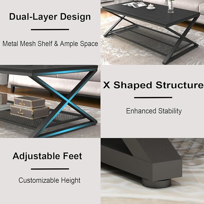 LVB Black Coffee Table, Wood Metal 2 Tier Center Tables with Storage Shelf, Modern Rectangular Concrete Tea Table for Living Room, Wooden Middle Cocktail Table for Office Bedroom, 47 inch, Black Oak