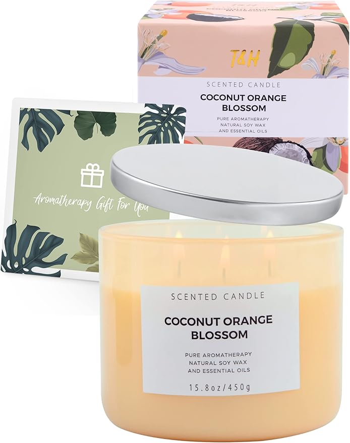 Coconut Orange Blossom 3 Wick Candle | Highly Scented Soy Candles for Home 15.8 oz, Summer & Tropical Scented Candle | Aromatherapy Stress Relief Candle, Relaxing Clean Burning Candles for Women & Men