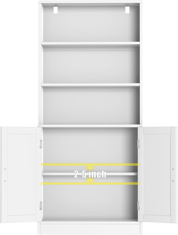 75" Tall Bookcase with Doors, 5 Tier Large Bookshelf with Cabinet, Standing Wood Display Book Shelf for Living Room, Office, Library with Doors, White