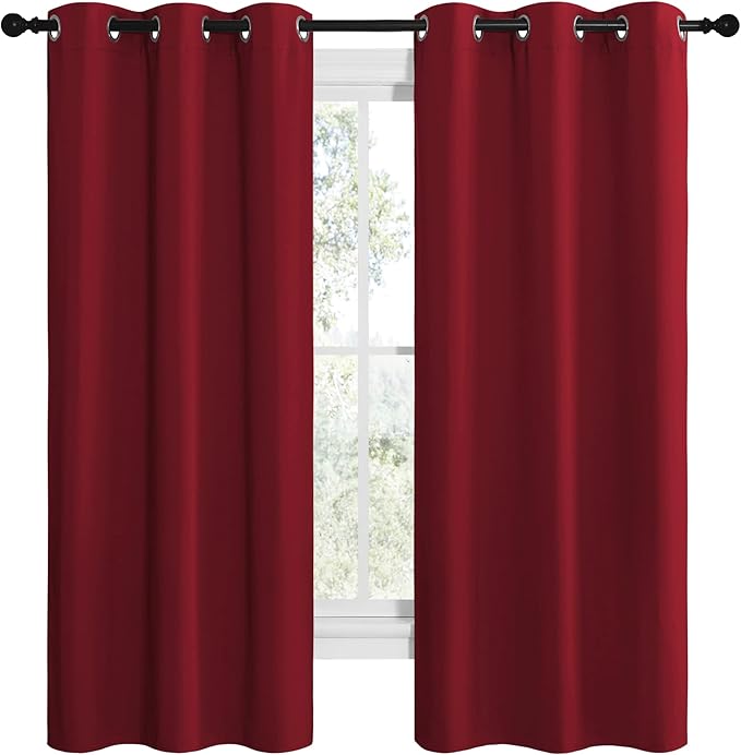 NICETOWN Christmas Burgundy Red Kitchen Blackout Curtain Panels, Thermal Insulated Grommet Top Blackout Draperies and Drapes for Basement (2 Panels, W42 x L68-inch)