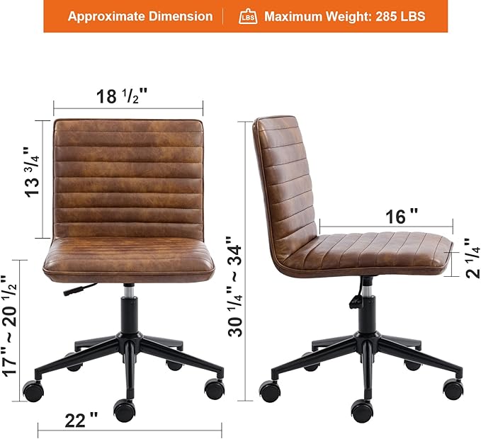 Furnimart Armless Office Desk Chair Task Chair Faux Leather Upholstered Task Chair Teen Desk Chair Mid-Back 360° Swivel Adjustable Small Chair (Leather-DustYellow)