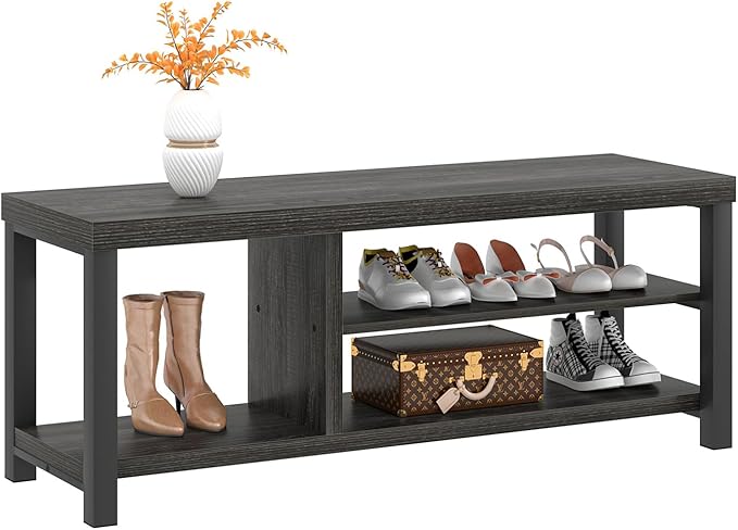 FOLUBAN Entryway Bench, Rustic Wood Shoe Storage Bench for Hallway Front Door Entrance, Industrial Indoor Bench for Bedroom Living Room, Dark Gray, 43.3 Inch