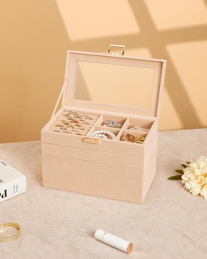 Homde Jewelry Tray Stackable Jewelry Box Drawer Organizer with Glass Lid, Removable Dividers for Vanity Table Gift Idea for Girls and Women(Apricot)