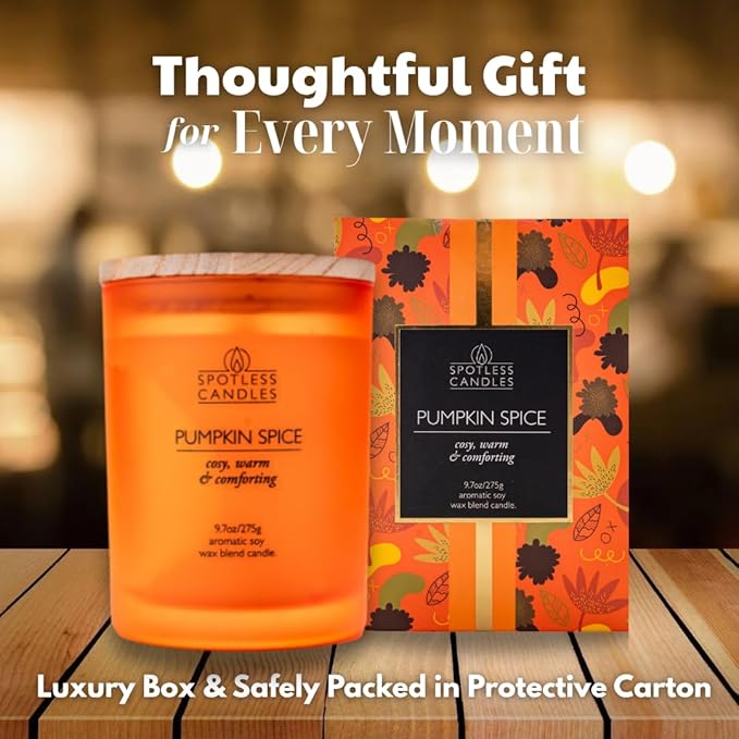 Pumpkin Spice Candle - 9.7 oz /275g Pumpkin Candle in Orange Frosted Glass Jar with Wooden Lid and Wooden Crackling Wick in Luxurious Gift Box - Cosy, Warm and Comforting