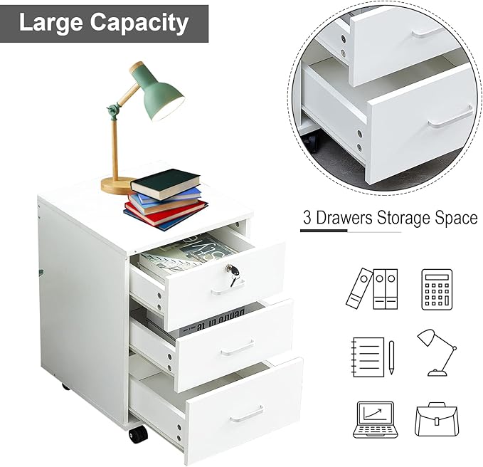 Mobile File Cabinet with Lockable Drawer, 3-Drawers Under Desk Storage Cabinet with 360°Swivel Wheels, Wooden Stationery Storage Cabinet for Legal/Letter/ A4 Documents (White)