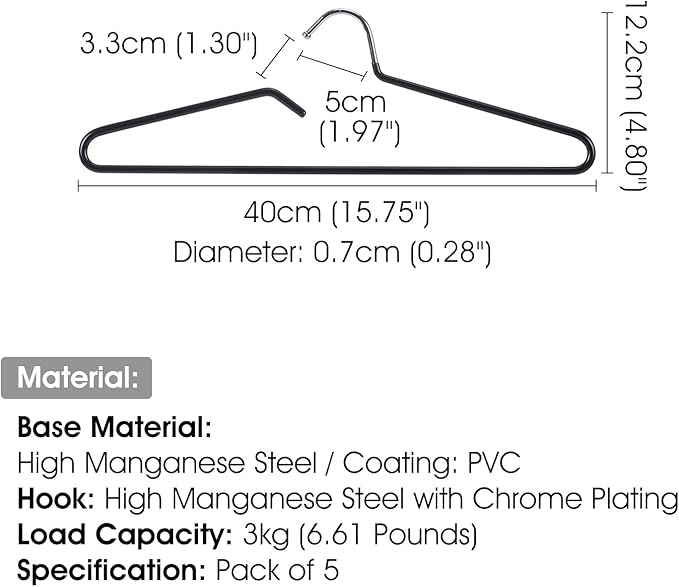 SHIMOYAMA Non-Slip Metal Clothes Hangers - 5 Pack, Space-Saving Short Neck Hangers for T-Shirts, Dresses, Tank Tops, Jackets (Black)