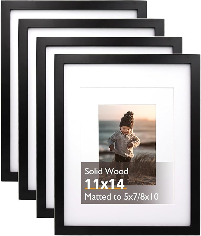 KINLINK 11x14 Picture Frame Black, Solid Wood Frames with Acrylic Plexiglass for Pictures 5x7/8x10 with Mat or 11x14 without Mat, Tabletop and Wall Display, Set of 4