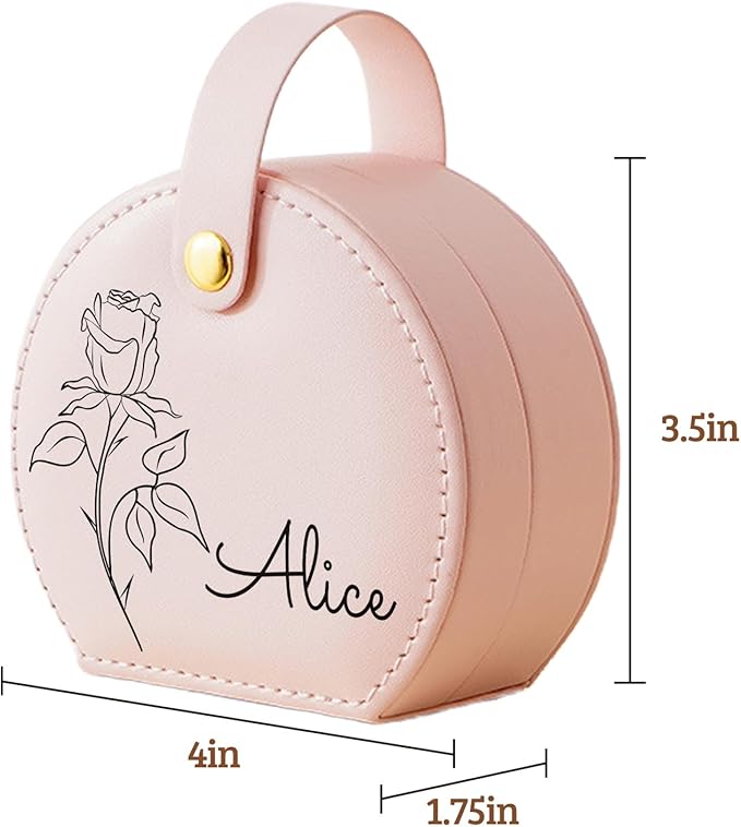 Personalized Travel Jewelry Case, Custom Leather Customized Jewelry Organizer Box w/Name & Birth Flower Month - Birthday Gifts for Women Mom Jewelry Travel Case