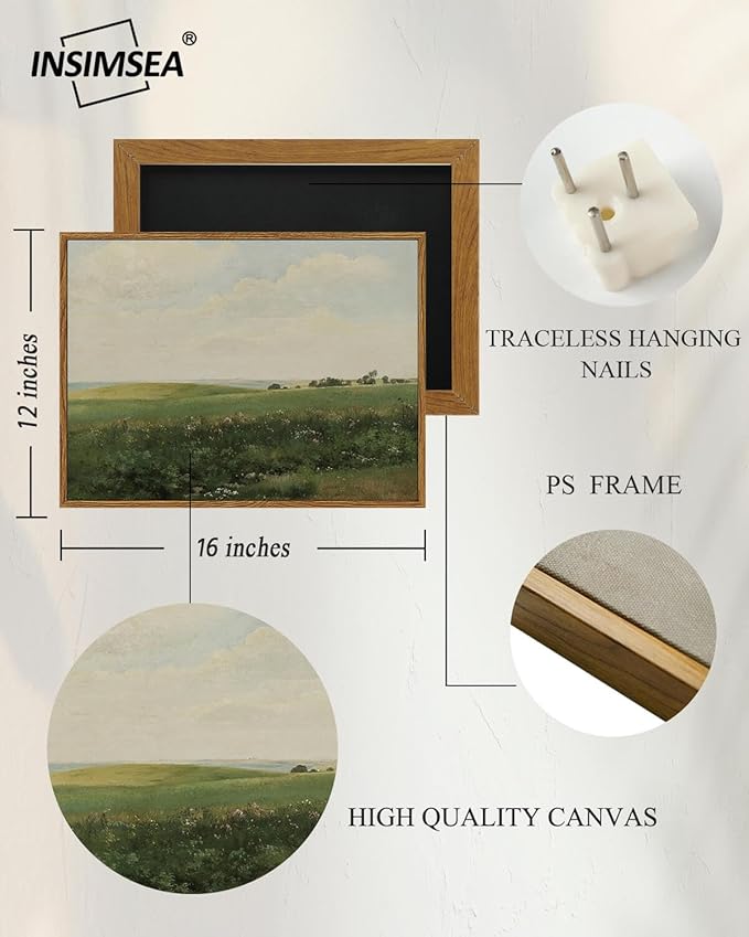 InSimSea Framed Canvas Wall Art Vintage Decor, Country Wall Art for Living Room, Vast Grassland Bathroom Pictures Wall Decor, Landscape Painting Home Decor, Office Dining Room Decor, 12"x16"