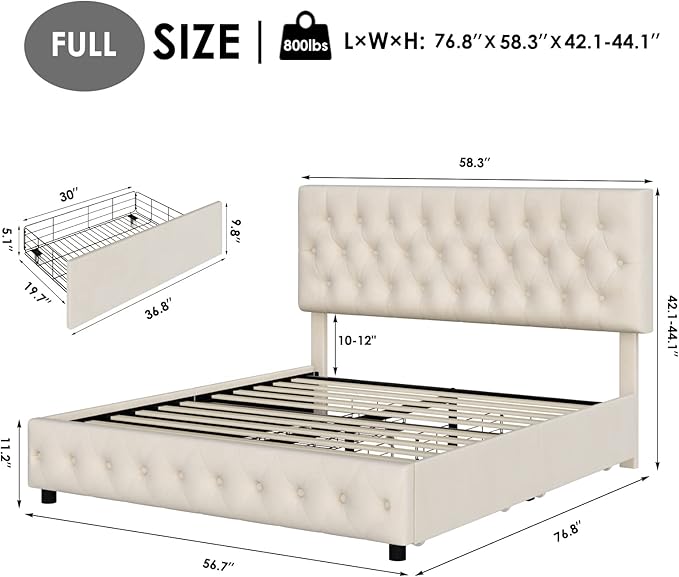 Keyluv Modern Upholstered Bed Frame with 4 Storage Drawers, Button Tufted Headboard Design, Solid Wooden Slat Support, Easy Assembly, Velvet, Beige, Full Size