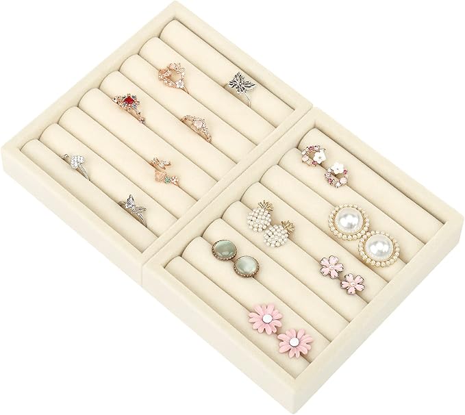Small Jewelry Tray-Ring Organizer 2PCS Premium Velvet Rings Earrings Display Tray Storage Insert Holder for Jewelry Box, Drawer, Dresser (8 Slots, Beige)