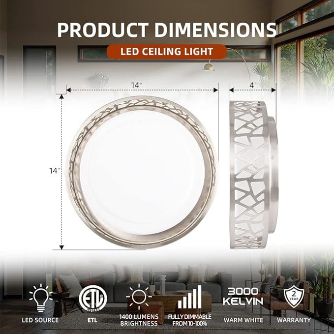 Ceiling Light Fixtures 2 Pack, 14 inch 20W 1400 Lumens LED Flush Mount, Dimmable 3000K Warm White, Brush Nickel Finished, ETL Listed Metal Body Acrylic Lampshade